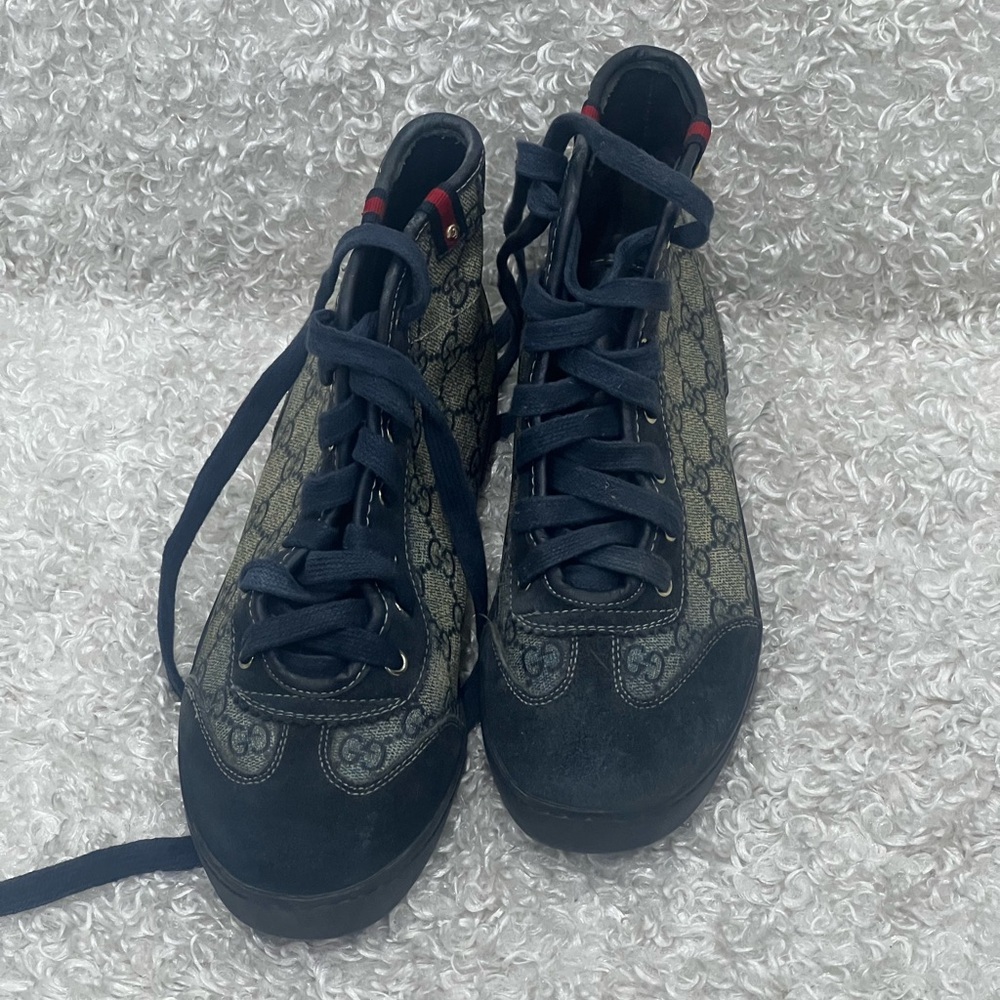 GUCCI Beige/Brown GG Supreme Canvas High Top Sneakers